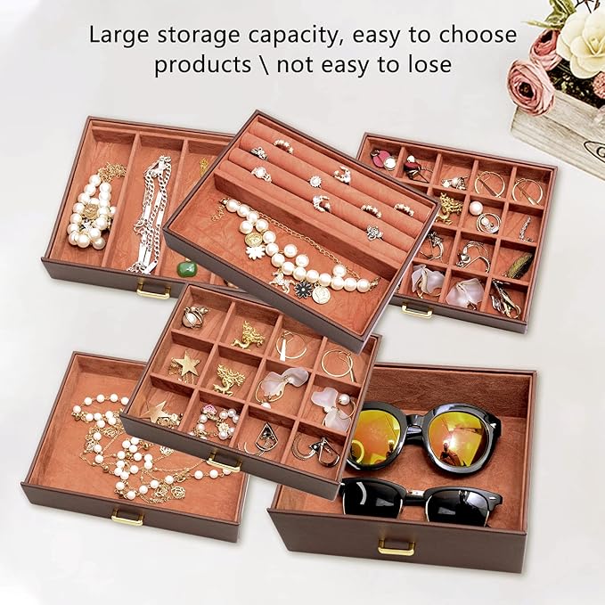 AKOZLIN Large 6-Tier Jewelry Box Organizer Functional Huge Lockable,5 Drawers Leather Jewelry Storage Case for Women Girls Ring Necklace Earring Bracelet Holder Organizer with Mirror Brown-CubbioJoy