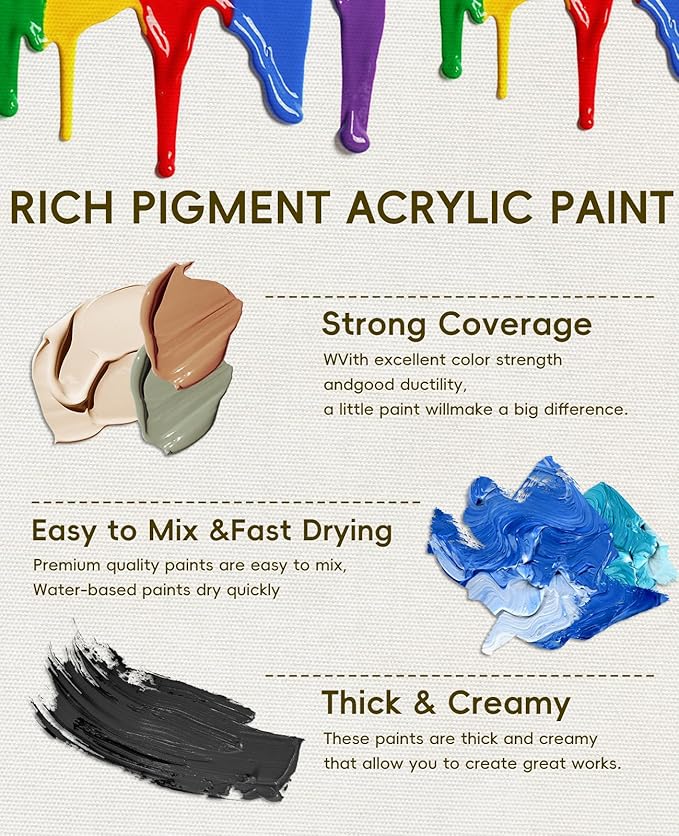24 Colors Acrylic Paint Set, 2oz Bottles Classic Color, Rich Pigmented Canvas Paint Set, Premium Non-toxic Acrylic Paint for Artists, Kids & Adults, Art Supplies for Canvas Painting Rocks Wood Ceramic Model with 10 Brushes & Palette-CubbioJoy