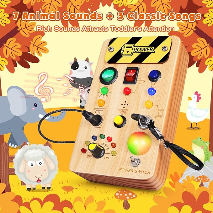 Busy Board Montessori Toys for Toddler, Wooden Sensory Board Switch Toy with Color-Changing LED Light Up Travel Toys Educational Plane Travel Activity for 1-6 Year Old Girls & Boys Gifts-CubbioJoy