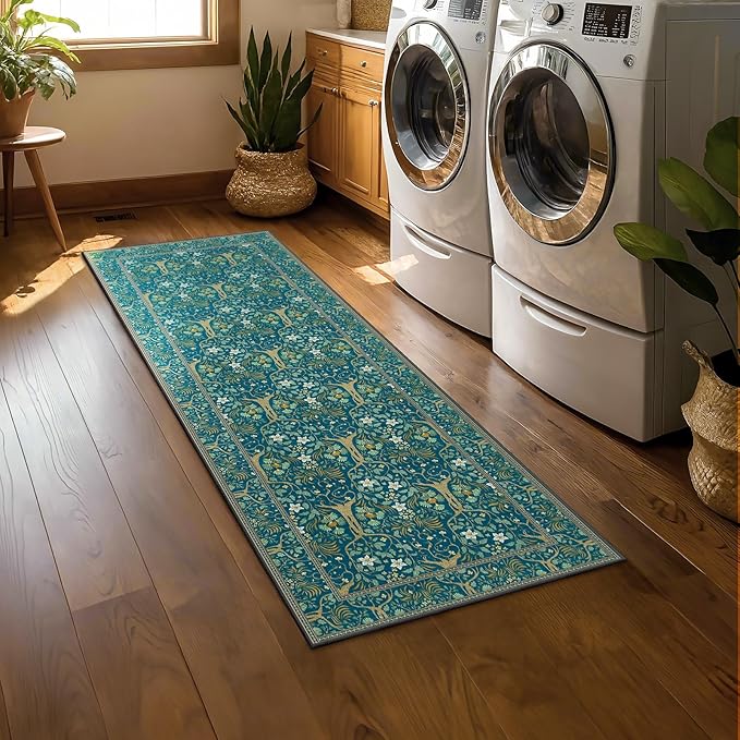 Joydeco Washable 2x6 Rug Runners for Hallways Non Slip, Boho Floral Bathroom Rug Runner, Soft Botanical Forest Indoor Floor Throw Carpet for Kitchen Laundry Room Entryway, Dark Blue-CubbioJoy