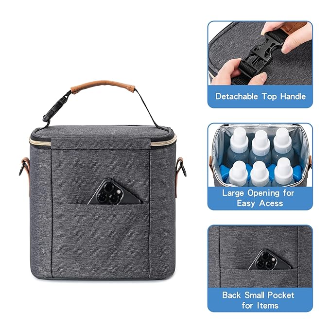 Breastmilk Cooler Bag with Ice Pack Fits 6 Baby Bottles Up to 9 Ounce, Baby Bottle Bag with Shoulder Strap for Nursing Mom Daycare,Dark Grey-CubbioJoy