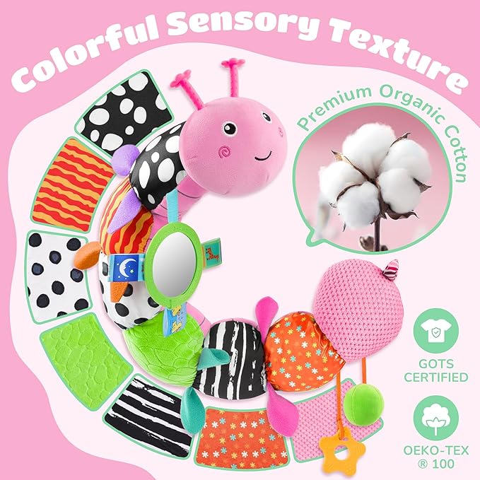 Baby Toys 6-12 Months Music Caterpillar Infant Toys Stuffed Animals 0-3-6 Months Teething Tummy Time Sensory Toys with Mirror Rattle&Pull String for Boys Girls Birthday Gifts|Candy Pink,Leafy-CubbioJoy
