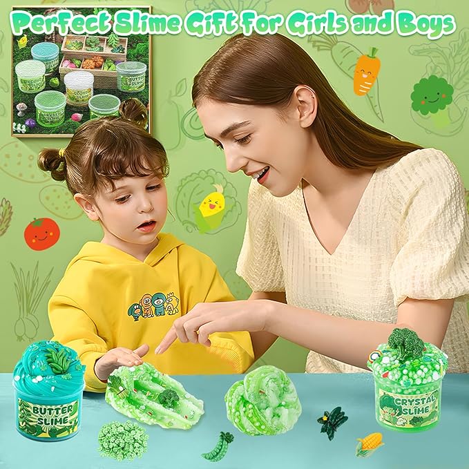 6 Packs Gradient Green Slime Kit - Cloud Butter Clear Slime, Crunchy Slimes for Kids with Various Slime Add-ins, Non Sticky Slimes Party Favors for Girls and Boys-CubbioJoy