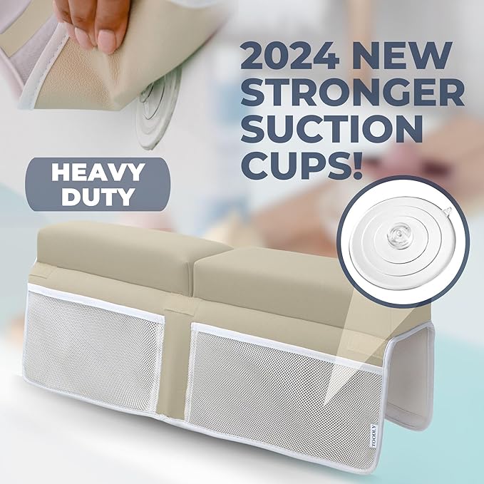 Comfortable Baby Bath Kneeler and Elbow Rest Pad Set – Thick Memory Foam Bath Kneeling Pad with Elbow Support – Baby Bathtub Cushion with Toy Organizer for Bathing Infant or Toddler - Beige-CubbioJoy