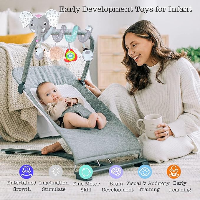 Car Seat Toys, Baby Activity Spiral Hanging Toys for Stroller Car Seat Crib Bar Bassinet Mobile, Musical Elephant Toys for Newborn Infant Boys Girls 0 3 6 12 Months-CubbioJoy