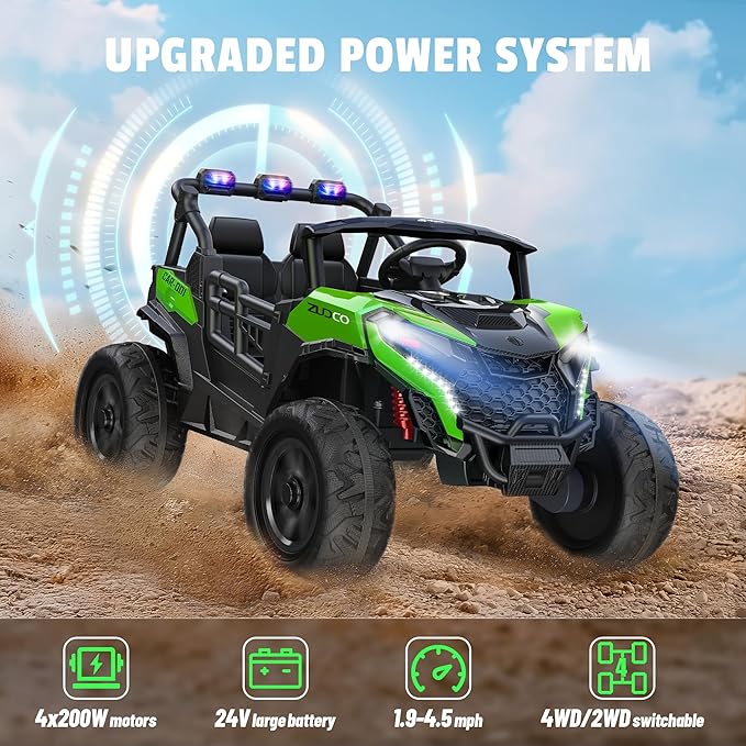 24V 2 Seater Ride on Car Truck, 4x200W, EVA Tires, Remote Control, 4WD/2WD, Rainbow Lights, Shock Absorbers, Bluetooth, Ride On UTV Toy for Kids Ages 3-8, Green-CubbioJoy