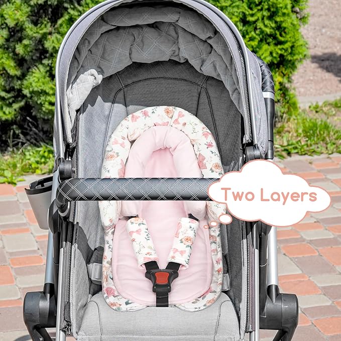 Baby Car Seat Head Support for Newborn, GFU 2 in 1 Infant Car Seat Head Body Support with Strap Pads, Soft Stroller Cushion Pillow Insert for Girls, Fits for Stroller, Swing, Pink Floral-CubbioJoy