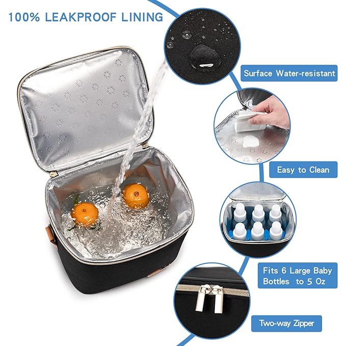 Breastmilk Cooler Bag with Ice Pack Fits 6 Baby Bottles Up to 5 Ounce, Baby Bottle Bag with Shoulder Strap for Nursing Mom Daycare-Black-CubbioJoy