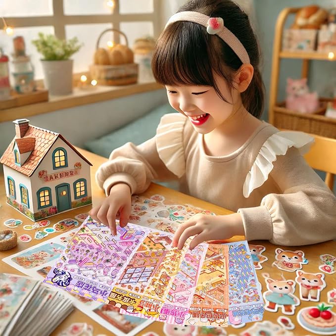 DIY 3D House Sticker, 6 Sets of Sticker Make Your Own Mini Shop Scenes Stickers for Kids Kawaii Cartoon Scene Stickers for Adult Relief Stress Pass The Time-CubbioJoy