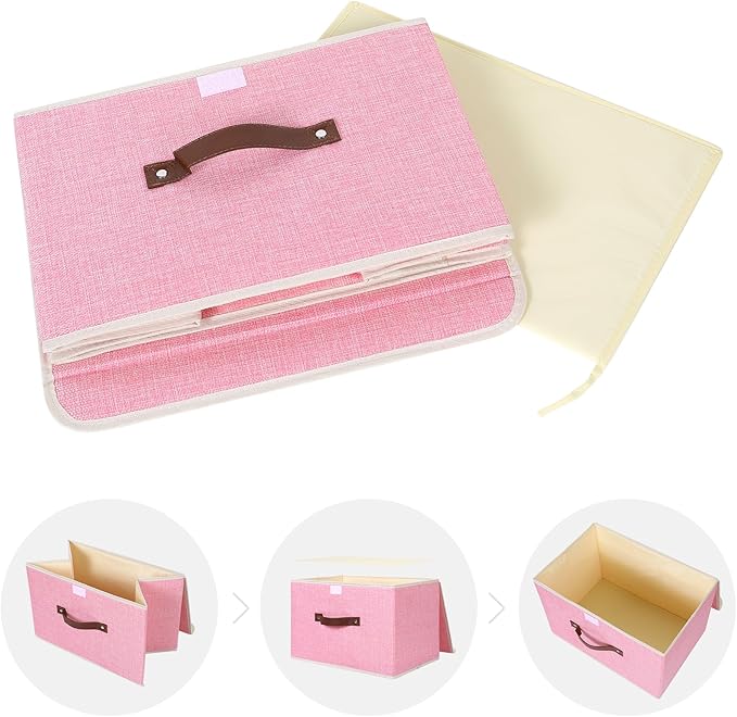 ANMINY 2PCS Storage Bins with Lid PU Leather Handles Storage Boxes PP Plastic Board Decorative Foldable Lidded Cotton Linen Fabric Home Cubes Baskets Closet Organizer Containers - Pink, Large Size-CubbioJoy