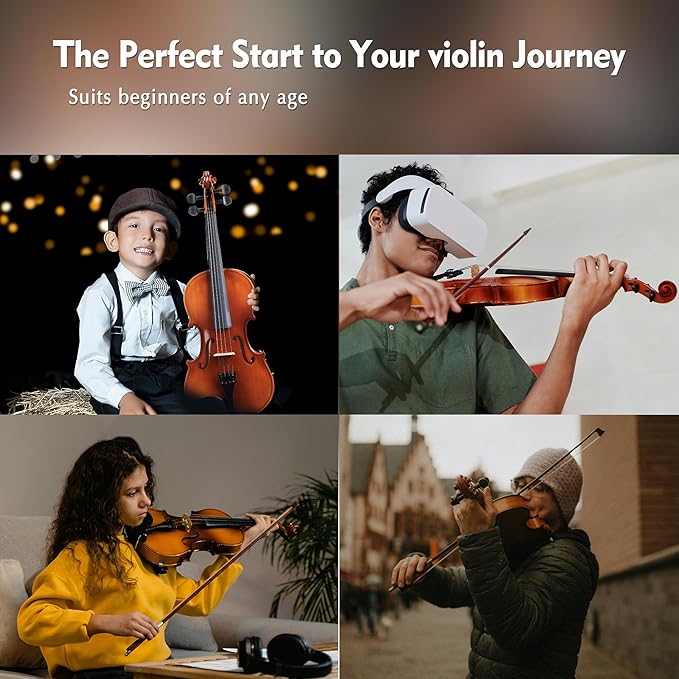 ADM 4/4 Full Size Wood Violin Set for Kids Teens Students Adults Beginner Acoustic Violin Matte Fiddle Starter Kit with Hard Case, Rosin, Shoulder Rest, Bow, Clip-on Tuner and Fingerboard Sticker-CubbioJoy