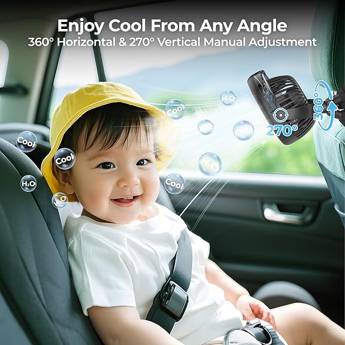 COMLIFE Misting Baby Stroller Fan, Rechargeable Battery Operated, 270° & 360° Pivoting, 50ml Portable Water Sprayer Misting Fan with Flexible Tripod Clip on Car Seat Crib Treadmill Bunk Bed-CubbioJoy