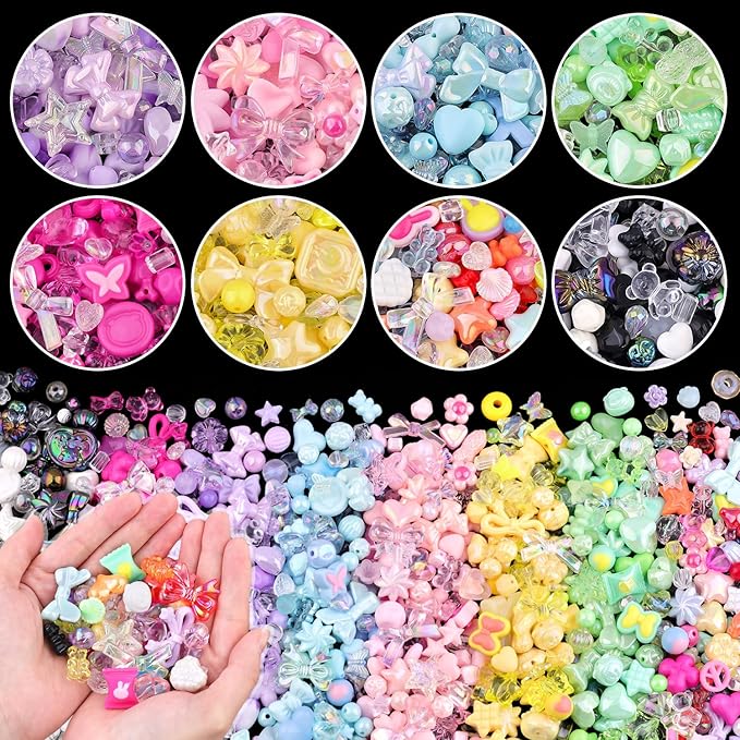 Assorted 400PCS 8 Mixed Colors Acrylic Beads for Bracelet Making, Flower Bow Butterfly GummyBear Aesthetic Bracelet Charms,Cute Beads for Jewelry Making DIY Necklace Keychain Phone Charm-CubbioJoy