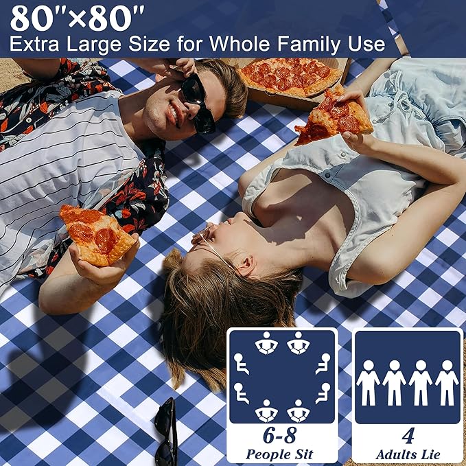80"x80" Extra Large Waterproof Outdoor Mat - Sandproof Foldable Picnic Blanket for Family Camping, Backyard, Beach Parties - Heavy Duty & Easy Storage (Blue&White)-CubbioJoy