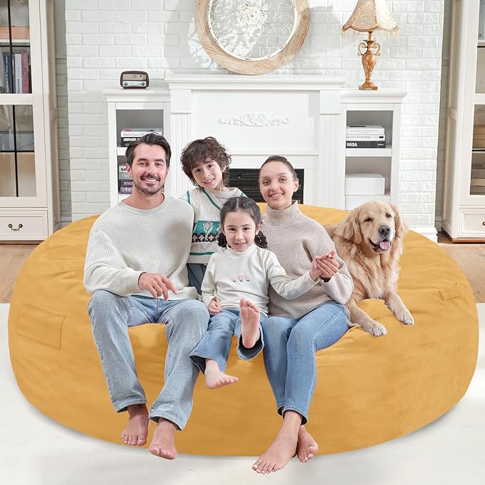 7FT Bean Bag Chair, Large Bean Bag Chairs with Memory Foam Filled, Fluffy Beanbag Sofa with Dutch Velvet Cover, Round BeanBag Chairs for Living Room, Playroom - Mustard-CubbioJoy
