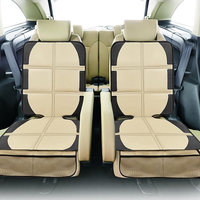 Car Seat Protector for Child Car Seat, 2 Pack Baby Car Seat Covers with Mesh Pockets & Non-Slip Backing 600D Durable Seat Protector Under Baby Car Seat for Car Back Seat (Beige, Large)-CubbioJoy