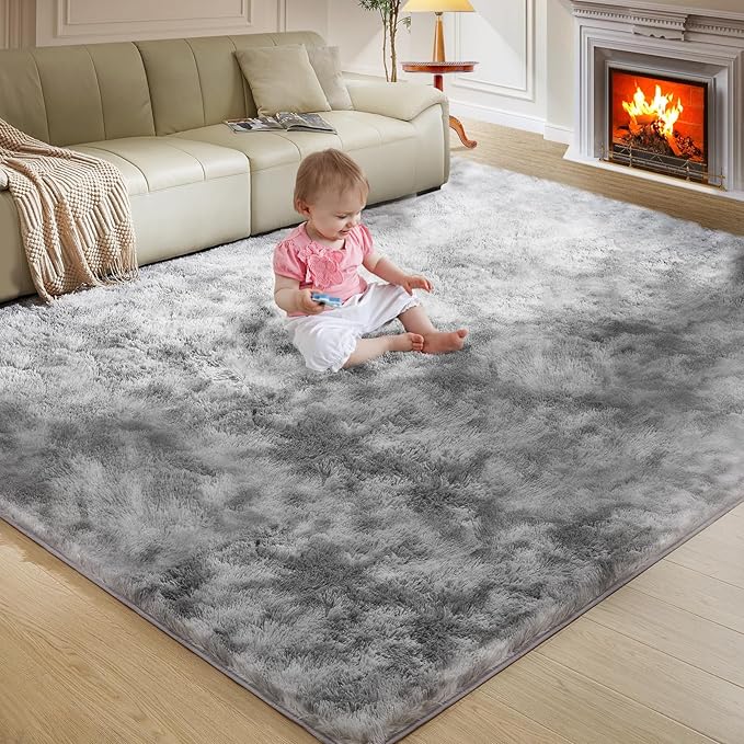 5X8 Ultra Soft Rug for Living Room, 5X8 Fluffy Shag Area Rug for Bedroom, Modern Shaggy Carpets Fuzzy Rug for Teens Dorm Nursery Home Decor Aesthetic, Upgrade Anti-Skid Durable, Tie-Dyed Light Grey-CubbioJoy