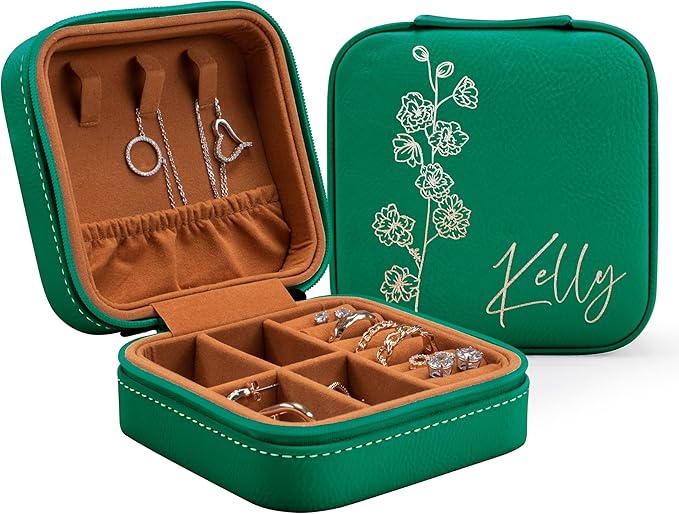 Custom Leather Jewelry Box w/Name & Birth Flower Month - Birthday Gifts for Women, Personalized Jewelry Travel Case - Customized Jewelry Organizer Box, Mom Birthday Gifts - Emerald-CubbioJoy