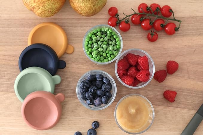 BEABA 4 Pack Glass Baby Food Jars with Soft Silicone Air Tight Lids, 8 oz Glass Storage Containers with Lids, Microwave and Freezer Safe Containers, Sunrise-CubbioJoy