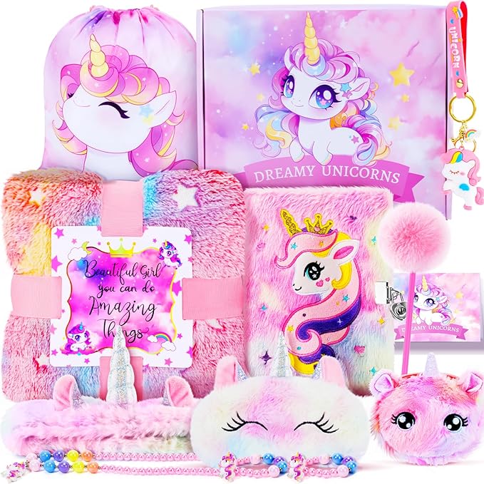 13PCS Unicorns Gifts for Girls Kids Toys 3 4 5 6 7 8 9 10 Years Old with Stationery Plush Diary with Lock/Glowing Blanket/Eye Mask/Crossbody Bag Teen Girl Birthday Christmas Unicorn Toy-CubbioJoy