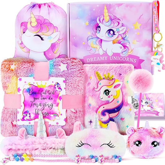 13PCS Unicorns Gifts for Girls Kids Toys 3 4 5 6 7 8 9 10 Years Old with Stationery Plush Diary with Lock/Glowing Blanket/Eye Mask/Crossbody Bag Teen Girl Birthday Christmas Unicorn Toy-CubbioJoy