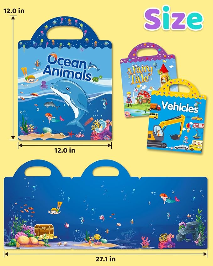 Benresive Reusable Sticker Books for Kids 2-4, Sticker Books for Toddlers 1-3 2-4, Toddler Travel Toys Activities Crafts Gifts - Ocean Animals, Fairy and Vehicle-CubbioJoy