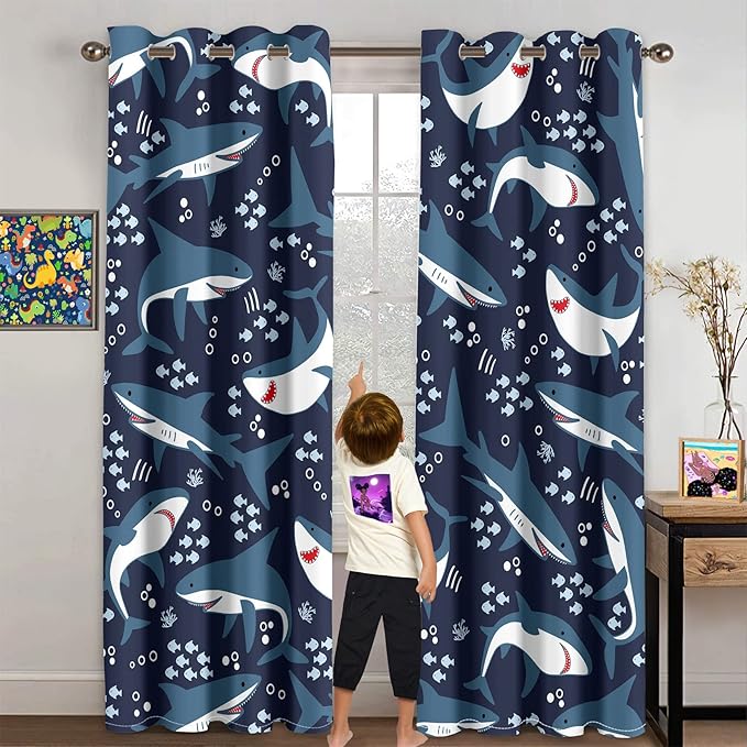 Cartoon Shark Blackout Curtain Panels Curtains Blue Curtains for Boys Bedroom Grommet Top Window Treatment 2 Panels Drapes Kids Room Decor Navy Blue Curtains 84 Inch Length, 82''x84''-CubbioJoy