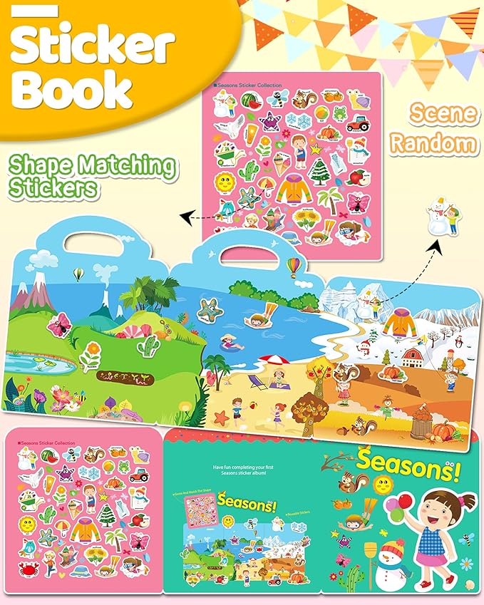 Benresive Reusable Sticker Book for Toddlers 2-4 Years, Fun Travel Stickers for Kids, Waterproof Sticker Books for Toddlers 1-3, Crafts Activities for Todddlers 1-3 2-4 3-5 - Season-CubbioJoy