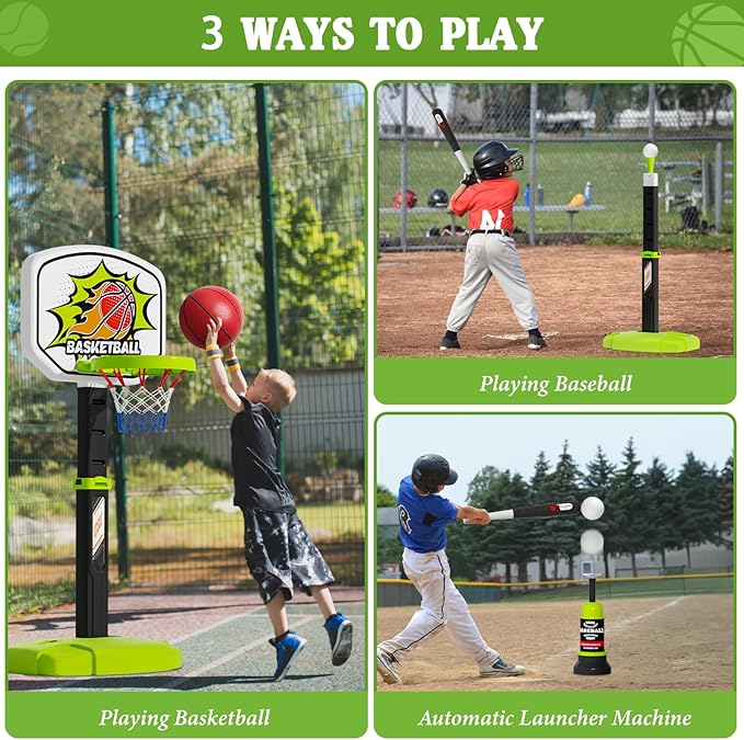 3 in 1 Toddler Basketball Hoop and Tee Ball Set for Boys: Kids Baseball Tee with Automatic Pitching Machine Adjustable Height Indoor and Outdoor Sports Toys Christmas Birthday Gifts for Boy Age 3-12-CubbioJoy