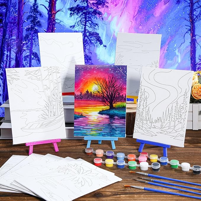 Blosssound 10 Set Pre Printed Canvas Pre Drawn Canvas Painting with Easel Kits 5" x 7" Outline Painting Panels for Beginners, DIY Craft Project, Party Favor, Home Decors(Dream Sky)-CubbioJoy