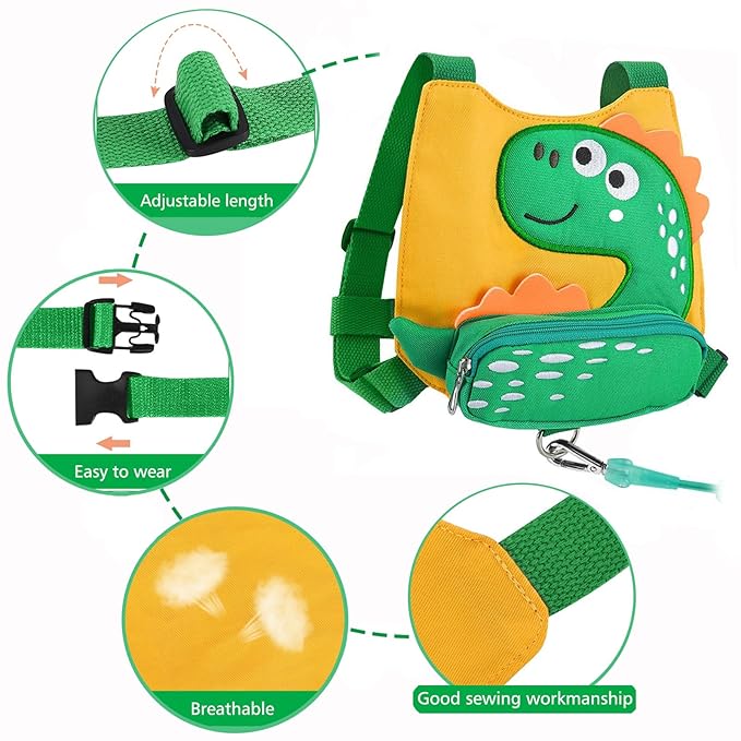 Accmor Toddler Harness Leash with Anti Lost Wrist Link, Cute Dinosaur Kids Harnesses with Wristband Bracelet Leashes Strap Tether for Baby Boys Walking (Yellow)-CubbioJoy