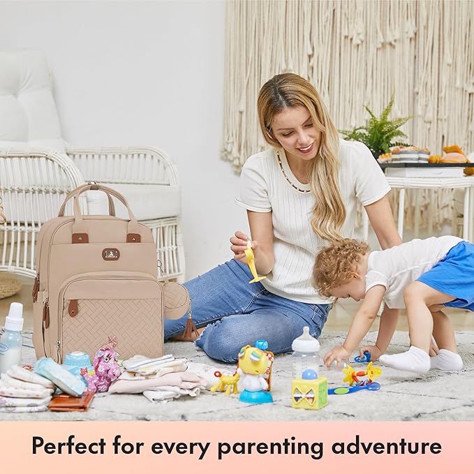 Dikaslon Diaper Bag Backpack with Portable Changing Pad, Pacifier Case and Stroller Straps, Large Unisex Baby Bags for Boys Girls, Multipurpose Travel Back Pack for Moms Dads, Milk Tea Khaki-CubbioJoy