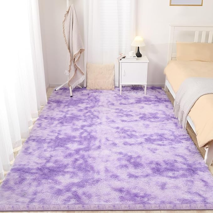 Area Rugs 9x12, Fluffy Rugs for Living Room, Ultra Soft Rugs for Bedroom, Non-Slip Indoor Carpet for Nursery, Kids Room, Playroom, Home Decor, Tie-Dyed Purple-CubbioJoy