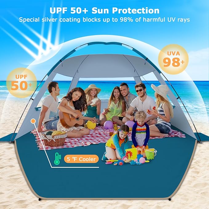 COMMOUDS Beach Tent Sun Shade for 3/4-5/6-7/8-10 Person, UPF 50+ Beach Sun Shelter Canopy Tent, Lightweight, Easy Set Up and Carry-CubbioJoy