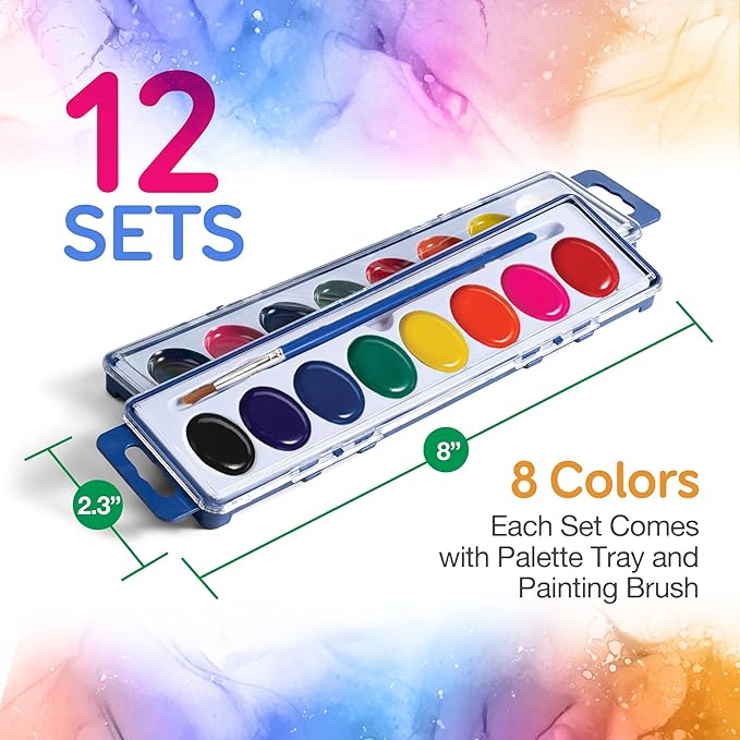 Bedwina Watercolor Paint Sets for Kids - Bulk Pack of 12, 8 Washable Water Color Paints in Palette Tray and Painting Brush for Coloring, Art, Classrooms and Paint Party Supplies-CubbioJoy