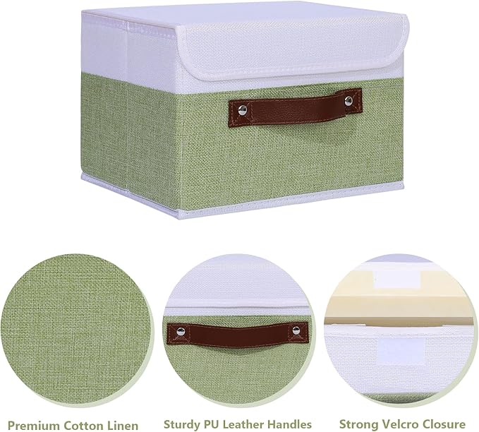 ANMINY 4PCS Storage Boxes with Lid Washable Decorative Storage Bins Basket with PU Leather Handle Foldable Linen Fabric Storage Cubes Containers for Home Closet Organizer - Green White, Small Size-CubbioJoy
