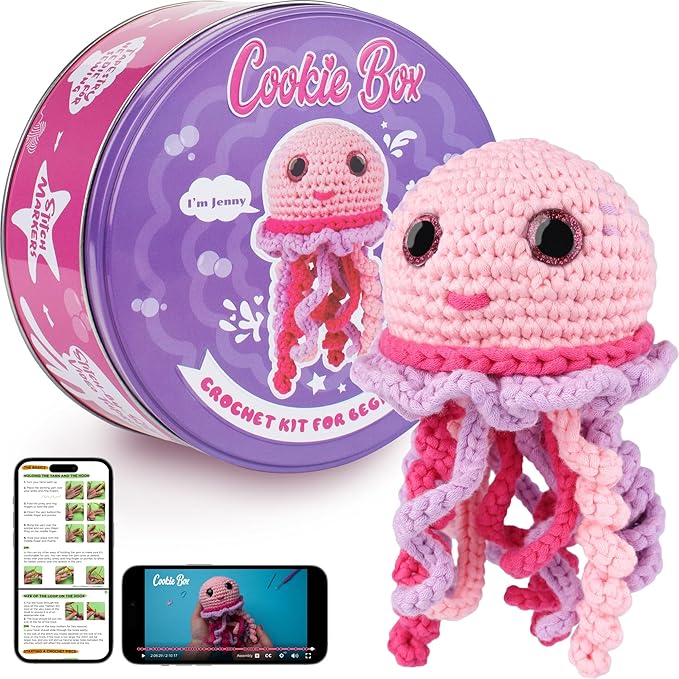 Cookie Box Crochet Kit for Beginners - Learn to Craft Amigurumi Stuffed Animals - Knitting Gift for Kids and Adults - Beginner-Friendly Yarn - Stitch-by-Stitch Video Tutorial - Jellyfish Jenny-CubbioJoy