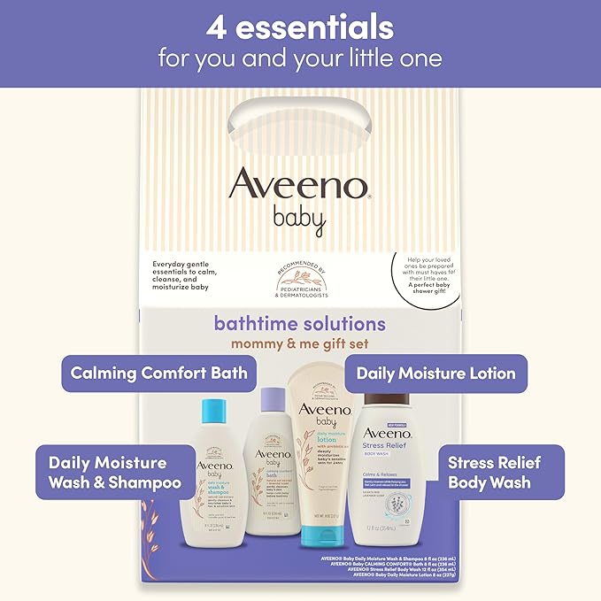 Aveeno Baby Bathtime Solutions Mommy & Me Gift Set, Baby Wash & Shampoo, Calming Bath, Daily Moisturizing Lotion & Stress Relief Body Wash for Mom, Nourishing Oat, Registry Must Haves, 4 items-CubbioJoy