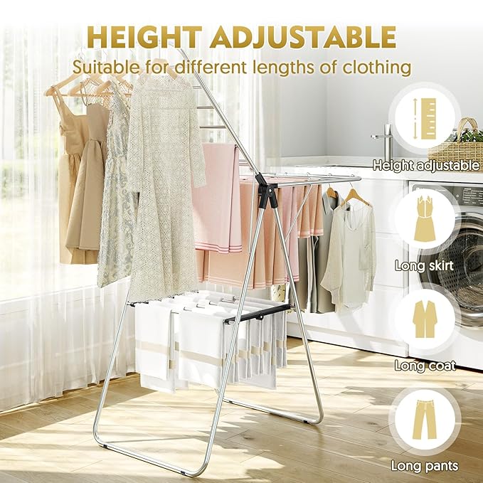 APEXCHASER Clothes Drying Rack, Drying Rack Clothing with Height-Adjustable, Foldable Gullwings Laundry Rack, Indoor Outdoor Use, No Assembly,Black-CubbioJoy