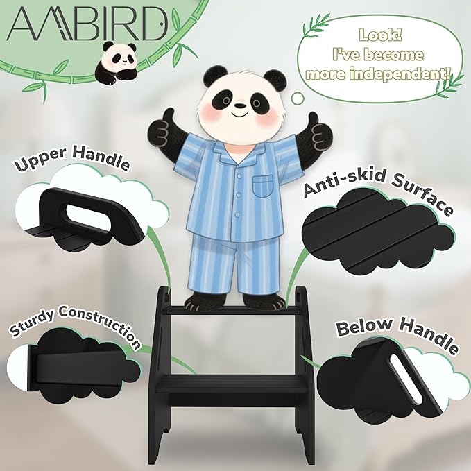 AMBIRD Wooden Step Stool, 15.75'' H Potty Training Toddler 300 lbs Capacity with Safety Non-Slip Pads and Handles, Step Stools for Kids, Bamboo 2-Step Stool for Bathroom, High Beds (Black)-CubbioJoy