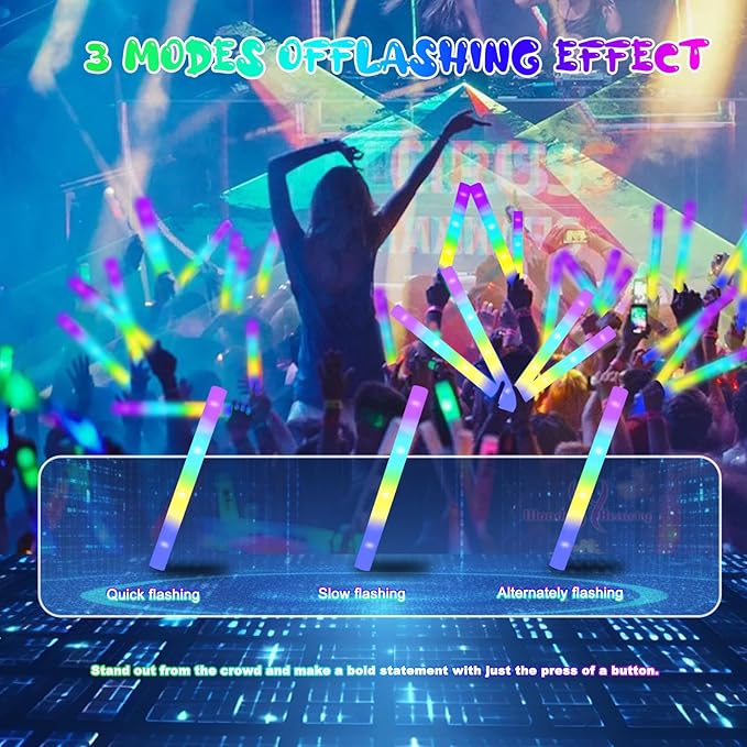24-Count Foam Glow Sticks Party Pack - 5 Colors, Steady Bright LED Light Up Sticks for Weddings, Birthdays, Christmas, Halloween | Foam Glow Sticks Bulk Reusable, 6-Hr Glow-CubbioJoy