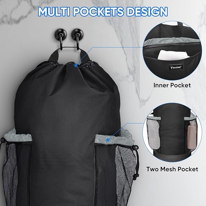 BALEINE 120L Laundry Bag Backpack, 900D Oxford Fabric Large Travel Laundry Bags with Shoulder Straps and 2 Mesh Pockets for College Dorm, Apartment, Laundromat (Black, 120L)-CubbioJoy