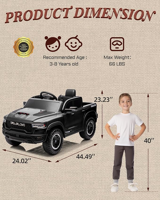 12V Licensed Ram 1500 Ride on Toy for Kids, Toddler Ride on Pickup Truck with Parent Remote Control, Electric Car for Kids with Truck Bed Storage, 3 Point Safety Belt (Black)-CubbioJoy