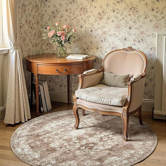 jinchan Round Rug 5ft Area Rug - Brown Vintage Floor Mat Kitchen Indoor - Washable Circle 5' Thin Floral Print Carpet Retro Farmhouse Non Slip Dining Room Living Room Bedroom Office-CubbioJoy