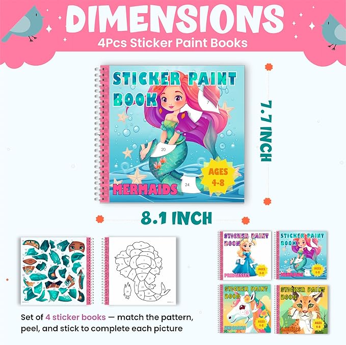 BulbaCraft 4Pcs Sticker Paint Books for Girls - Sticker Books by Number with Mermaids, Princesses, Animals and Unicorns - Coloring Activity for Kids-CubbioJoy