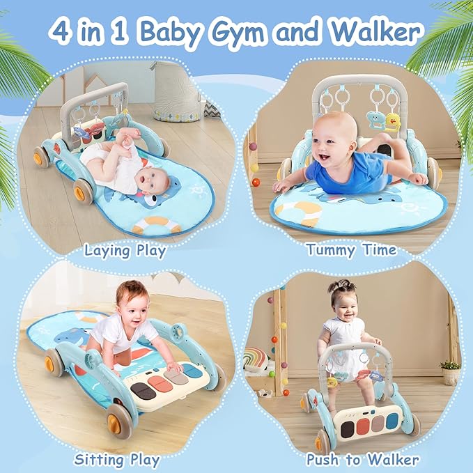 2 in 1 Baby Play Gym with Walker for Newborn, Baby Play Mat Activity Gym with 4 Infant Learning Sensory Tummy Time Mat for Infant Christmas Gifts Adjustable Height (Blue)-CubbioJoy