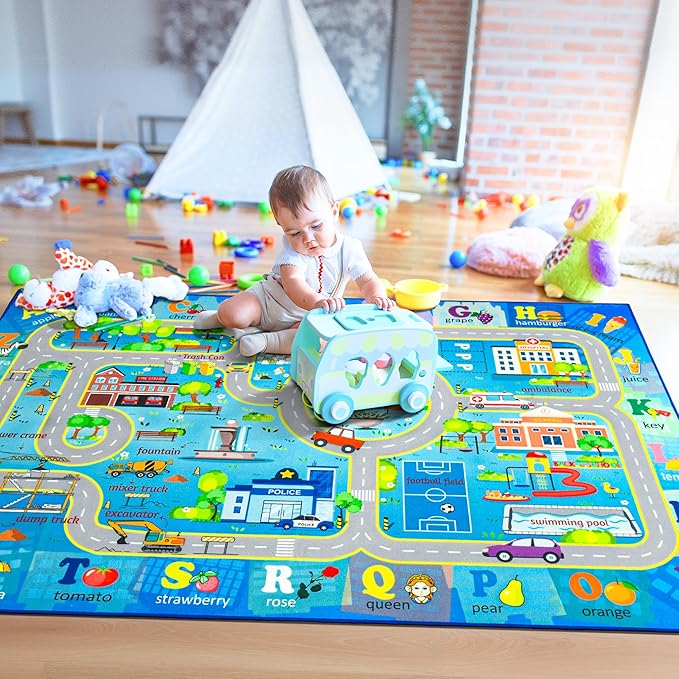 Chicrug 6x9 Car Road Area Rug for Kids Playroom Bedroom, Non Slip Low Pile Washable ABC Alphabet Carpet for Classroom, City Track Play Mat for Toddler Children Nursery Baby Room Decor, Blue-CubbioJoy