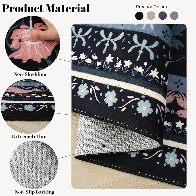 Area Rug 4x6 Rug Washable Vintage Floral Botanical Rugs Non Slip Low Pile Small Carpet for Bedroom, Bedside, Kids Room, Office, Dining Room, Black-CubbioJoy