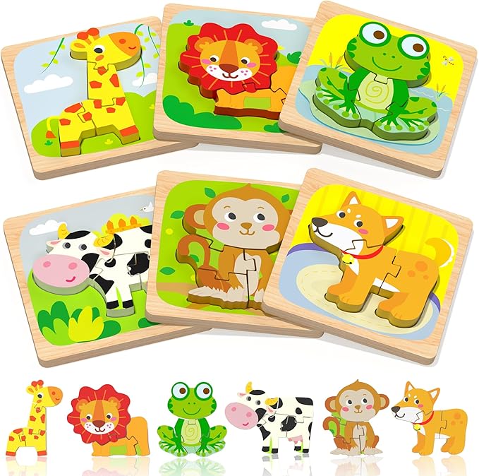 Benresive Wooden Toddler Puzzles, 6pcs Animal Montessori Toys for 1-3 Year Old Boys & Girls, Learning Educational Preschool Toys, Great Gifts for 1 2 3 Year Olds-CubbioJoy