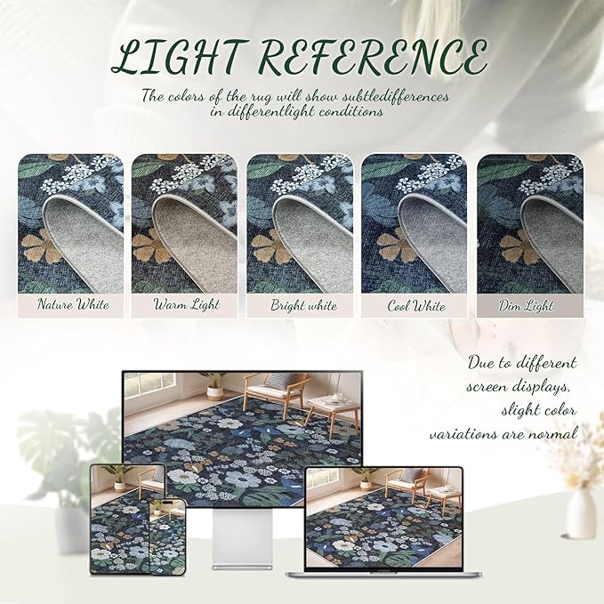 Area Rug Living Room Rugs: 5x7 Washable Rug Vintage Floral Soft Boho Non Slip Carpet Indoor Floor Non Shedding Low Pile Thin Carpets for Bedroom Dining Room Farmhouse Nursery Home Office Blue-CubbioJoy